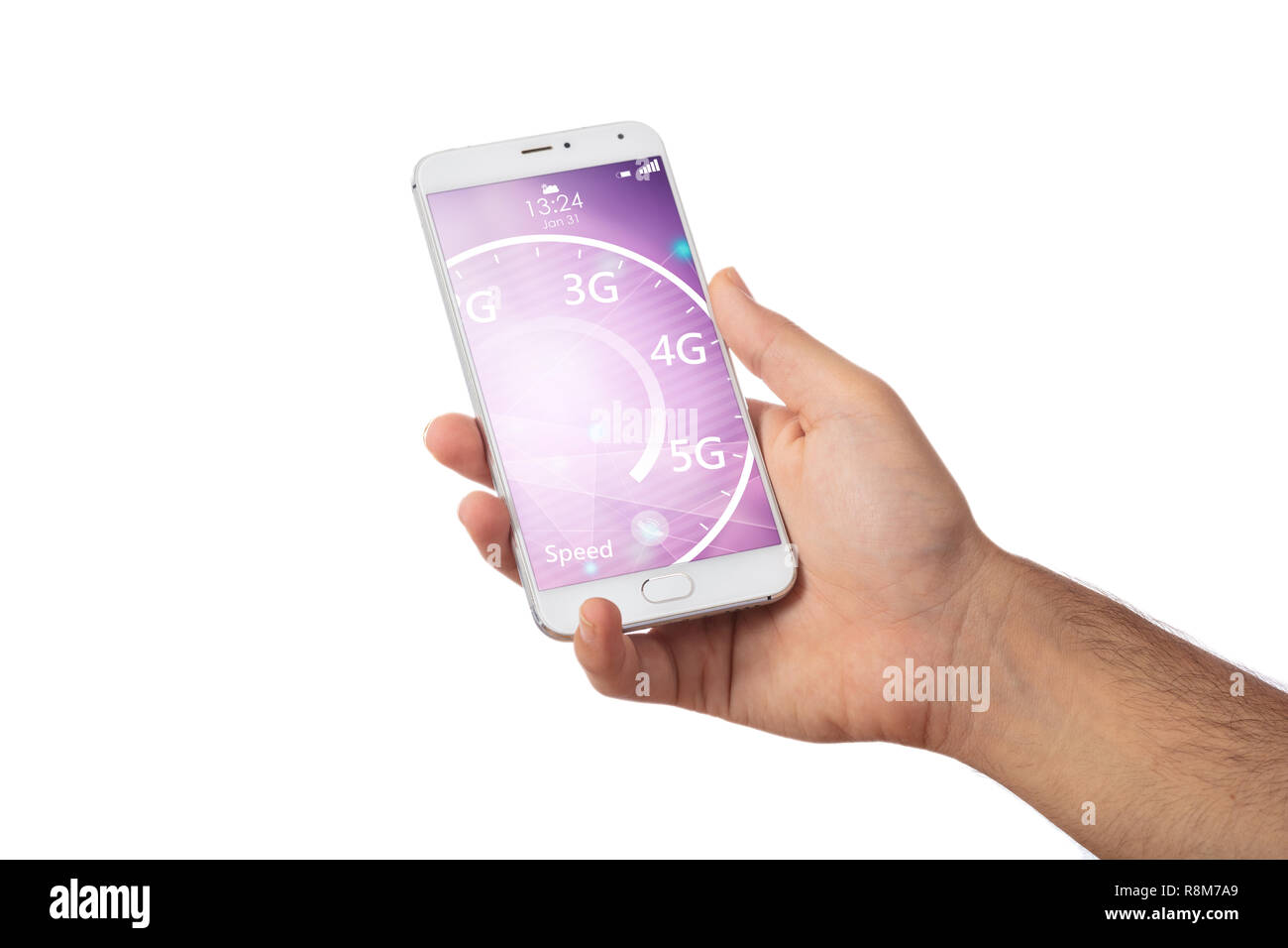 5G High speed network connection. Hand holding a smartphone isolated on white background. 5G internet speed on the screen Stock Photo