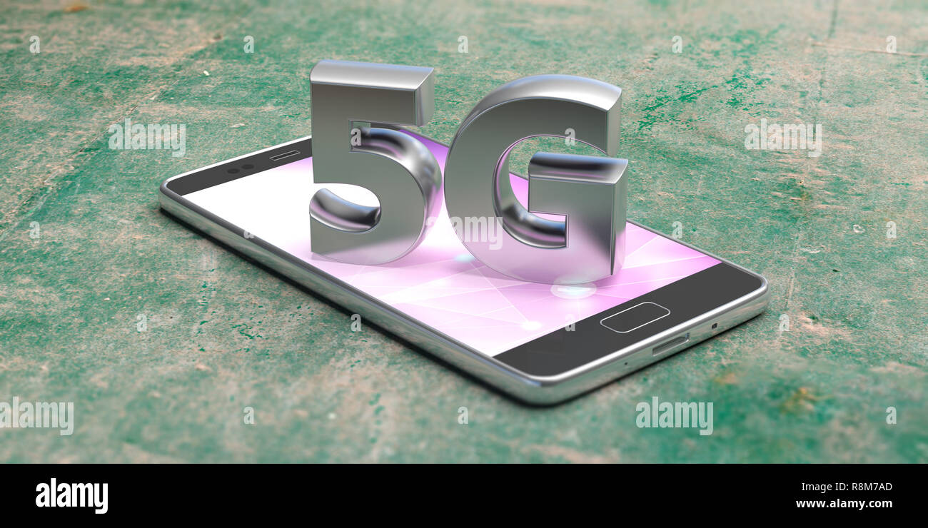 5G High speed network connection. 5th generation new mobile wireless internet wifi on a smartphone against green floor background. 3d illustration Stock Photo