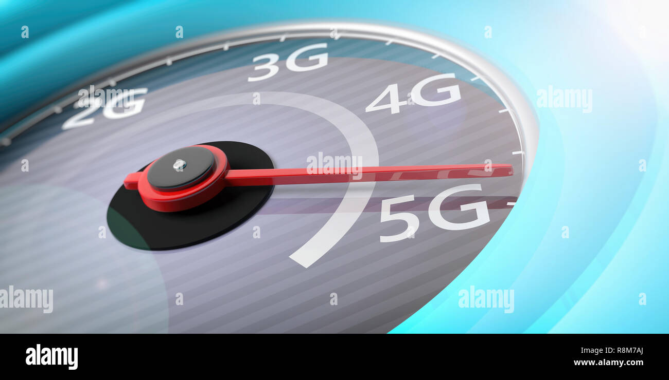 5G High speed network internet connection. Reaching 5g, speedometer indicator, internet speed test, closeup view. 3d illustration Stock Photo