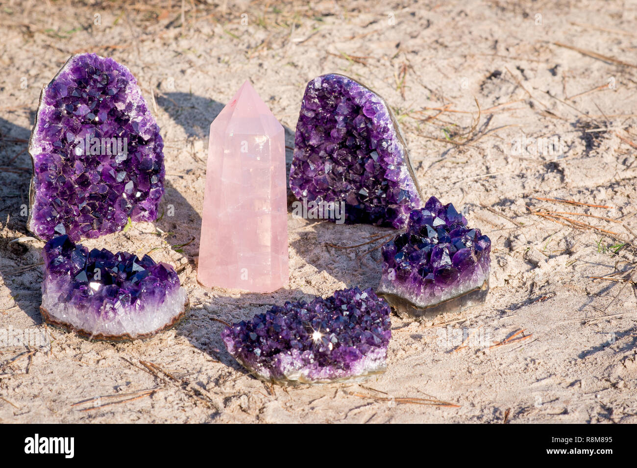 1 rose quartz gemstone surround by 5 amethyst crystals laying on the beach and in the grass Stock Photo