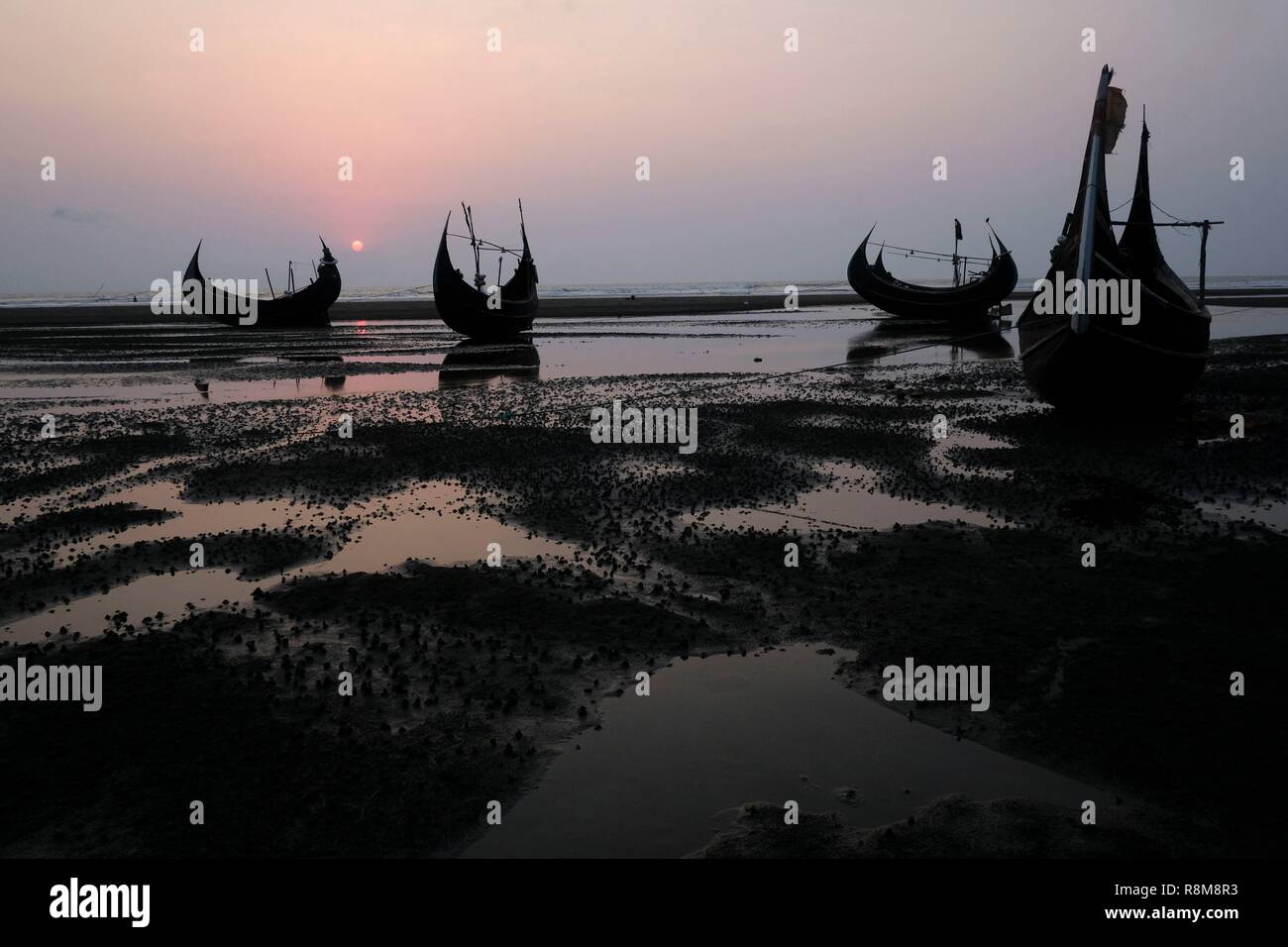 Bangladesh, Cox's Bazar, boats in the typical shape on the beach Stock Photo