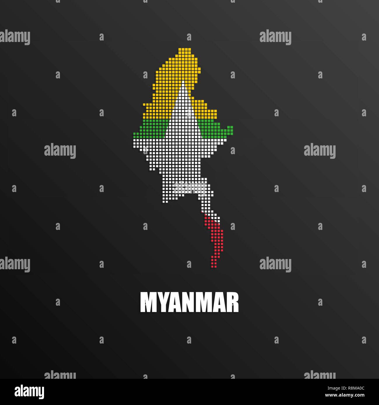 Vector illustration of abstract halftone map of Myanmar made of square pixels with Myanmar national flag colors for your graphic and web design Stock Vector