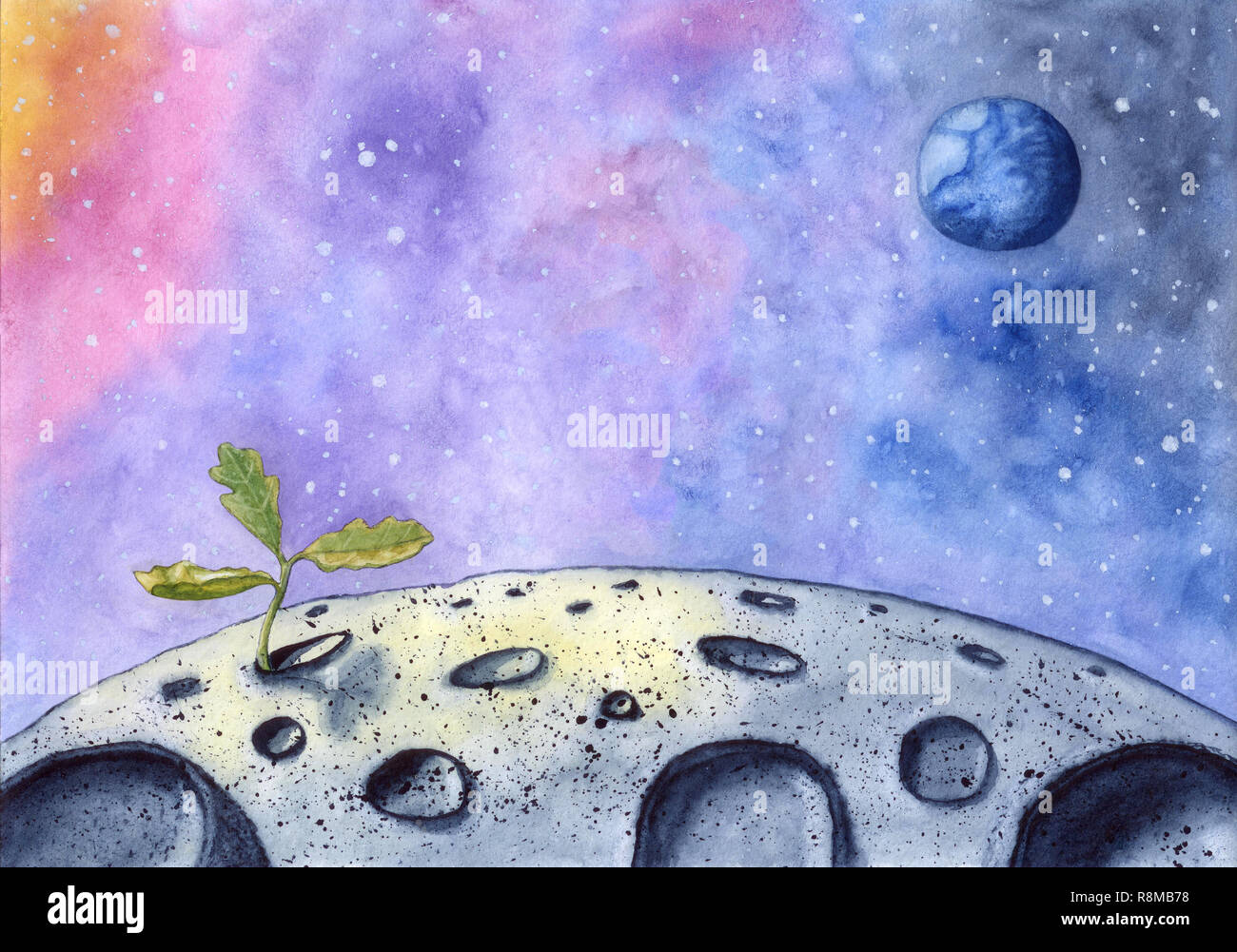 Watercolor hand drawn illustration of new life on the Moon - little oak sprout. Young oak tree grows from moon's crater, planet Earth on the backgroun Stock Photo