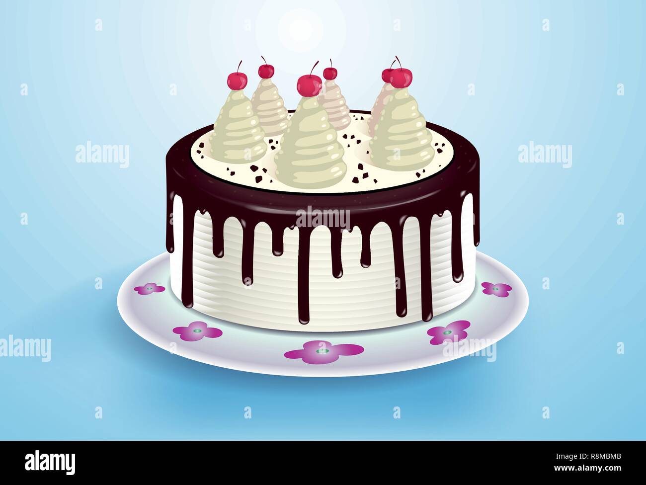 Cake with cream, cocktail cherry and chocolate topping on the plate with flower pattern Stock Vector