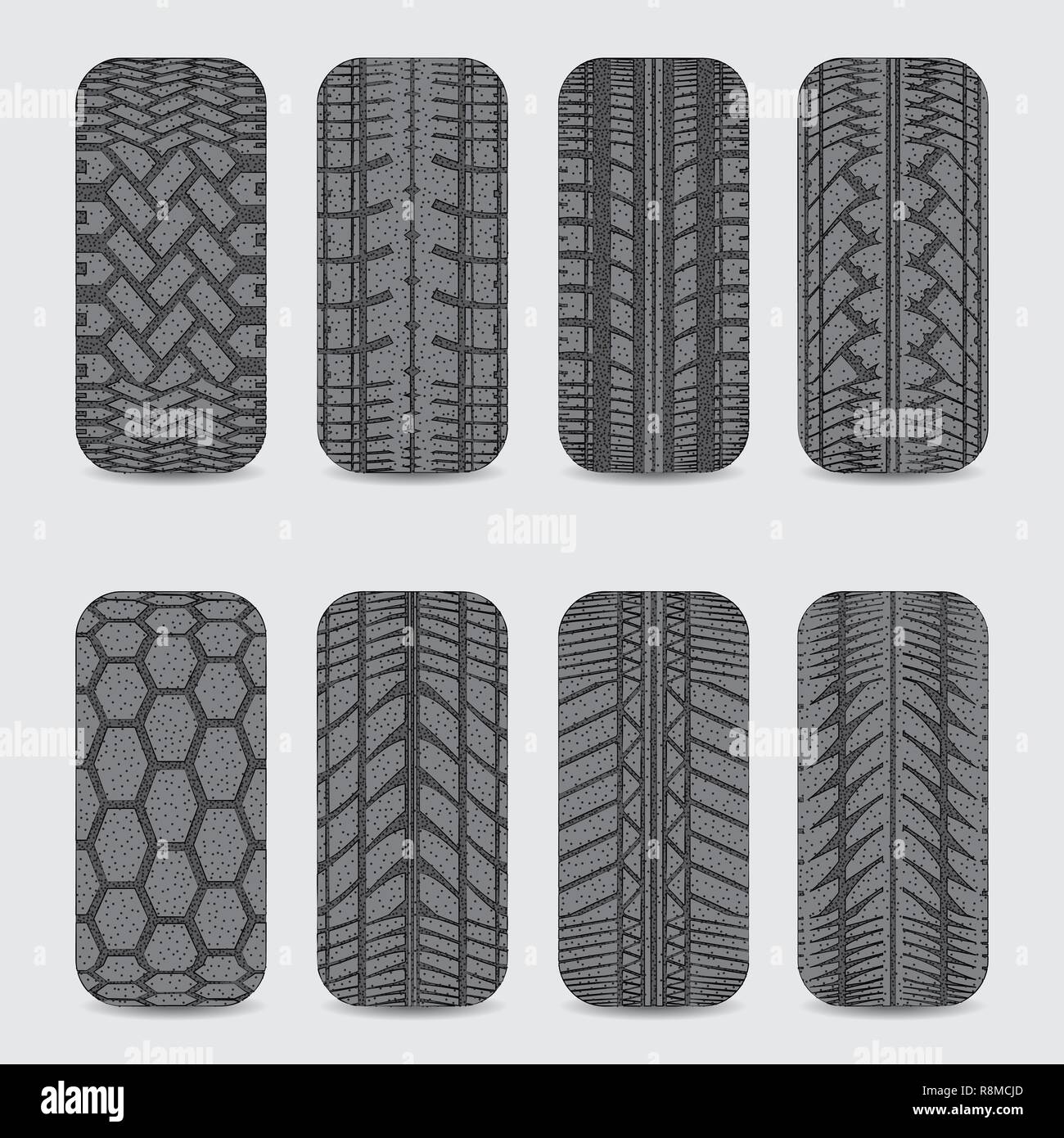 Set of eight black car tire tracks with dots Stock Vector