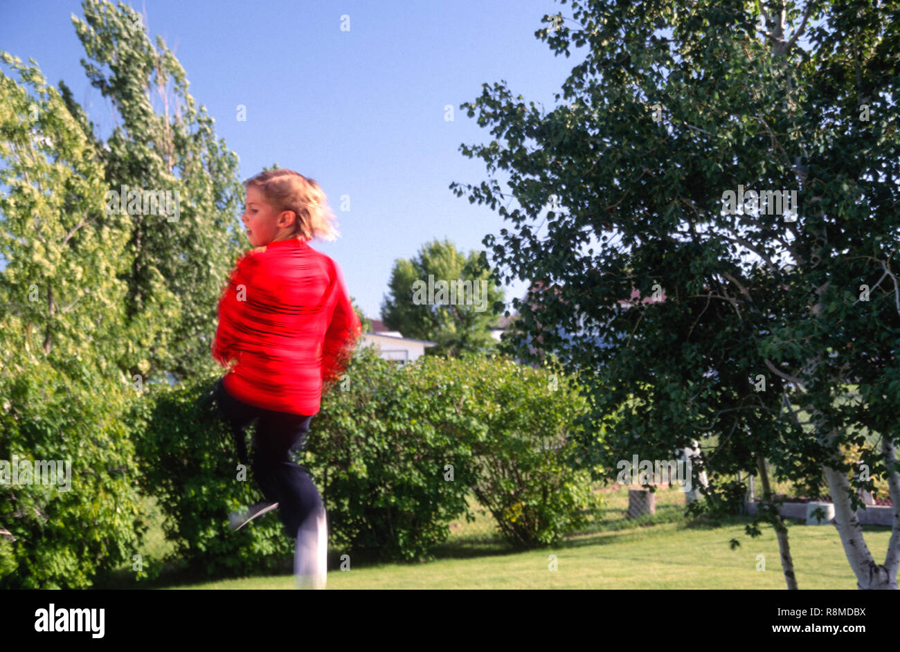 Six year old boy shows off his athletic skill on a trampoline, USA Stock Photo