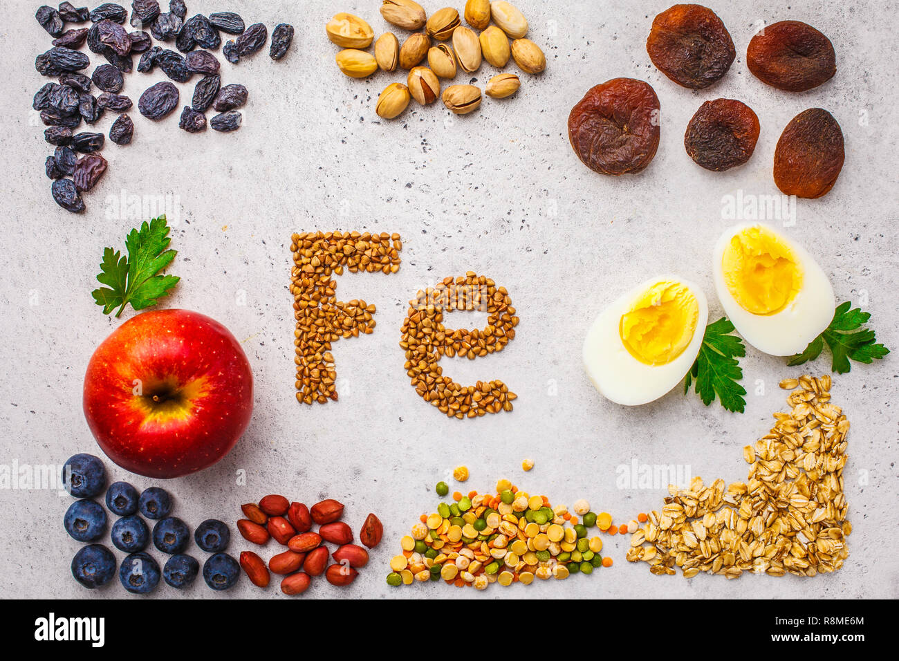 Healthy product sources of Fe. Top view, food background, iron