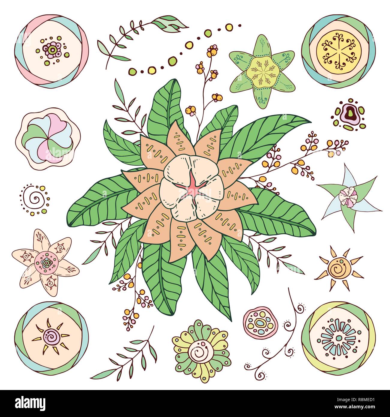 Set of hand drawn vector flowers and branches with leaves, flowers ...