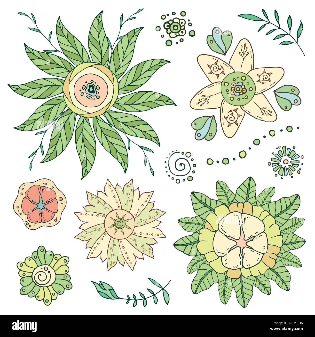 Set of hand drawn vector flowers and branches with leaves, flowers ...