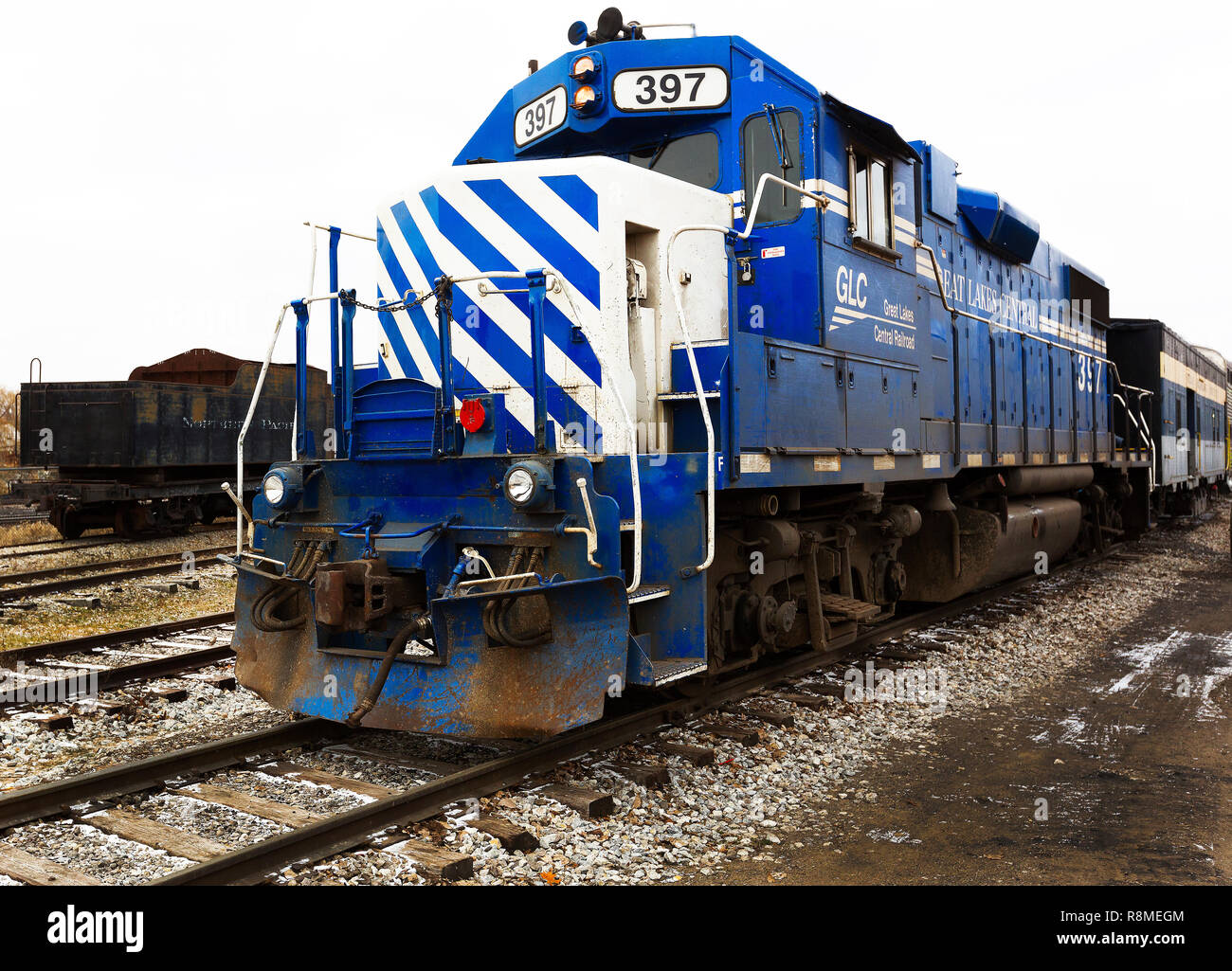 Great Lakes Central Railroad engine 397 in the train yard in Owosso