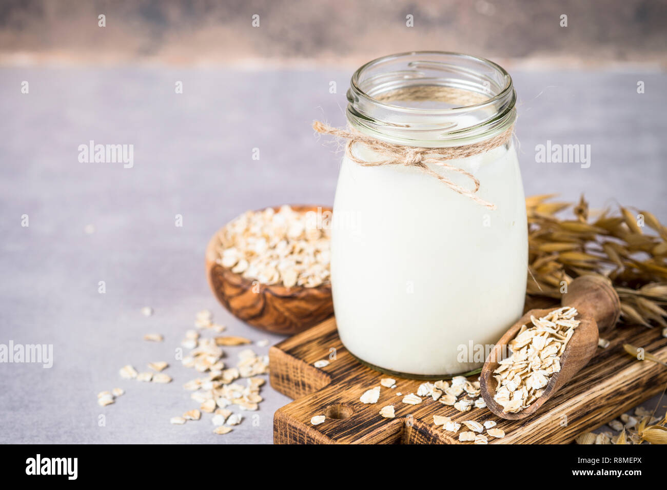 Vegan oat milk, non dairy alternative milk.  Stock Photo