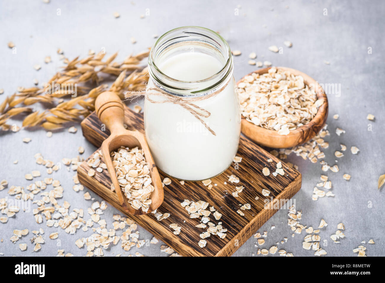 Vegan oat milk, non dairy alternative milk.  Stock Photo