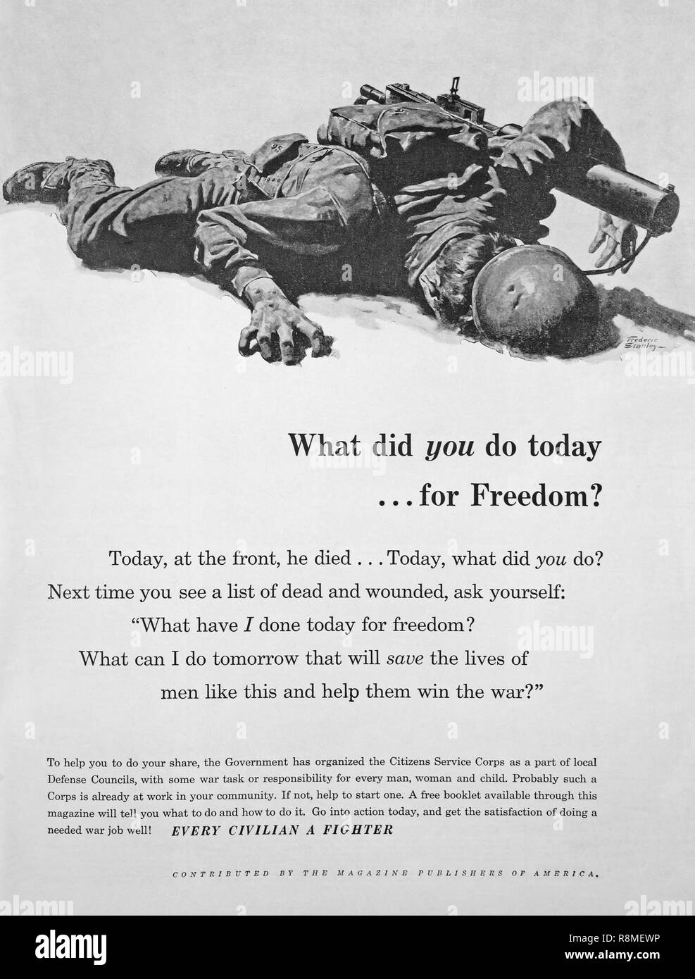 Poignant World War II magazine advertisement reminding American war workers on the home front to support troops in battle. Stock Photo