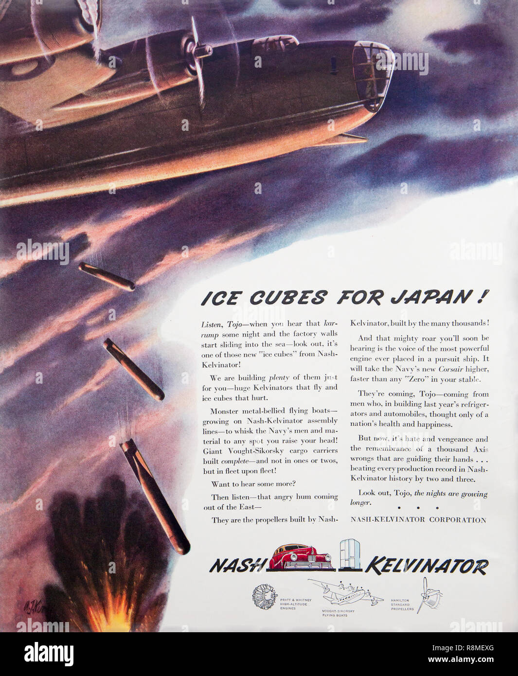 World War II magazine advertisement by Nash-Kelvinator highlighting their contributions to building aircraft to win the war. Stock Photo