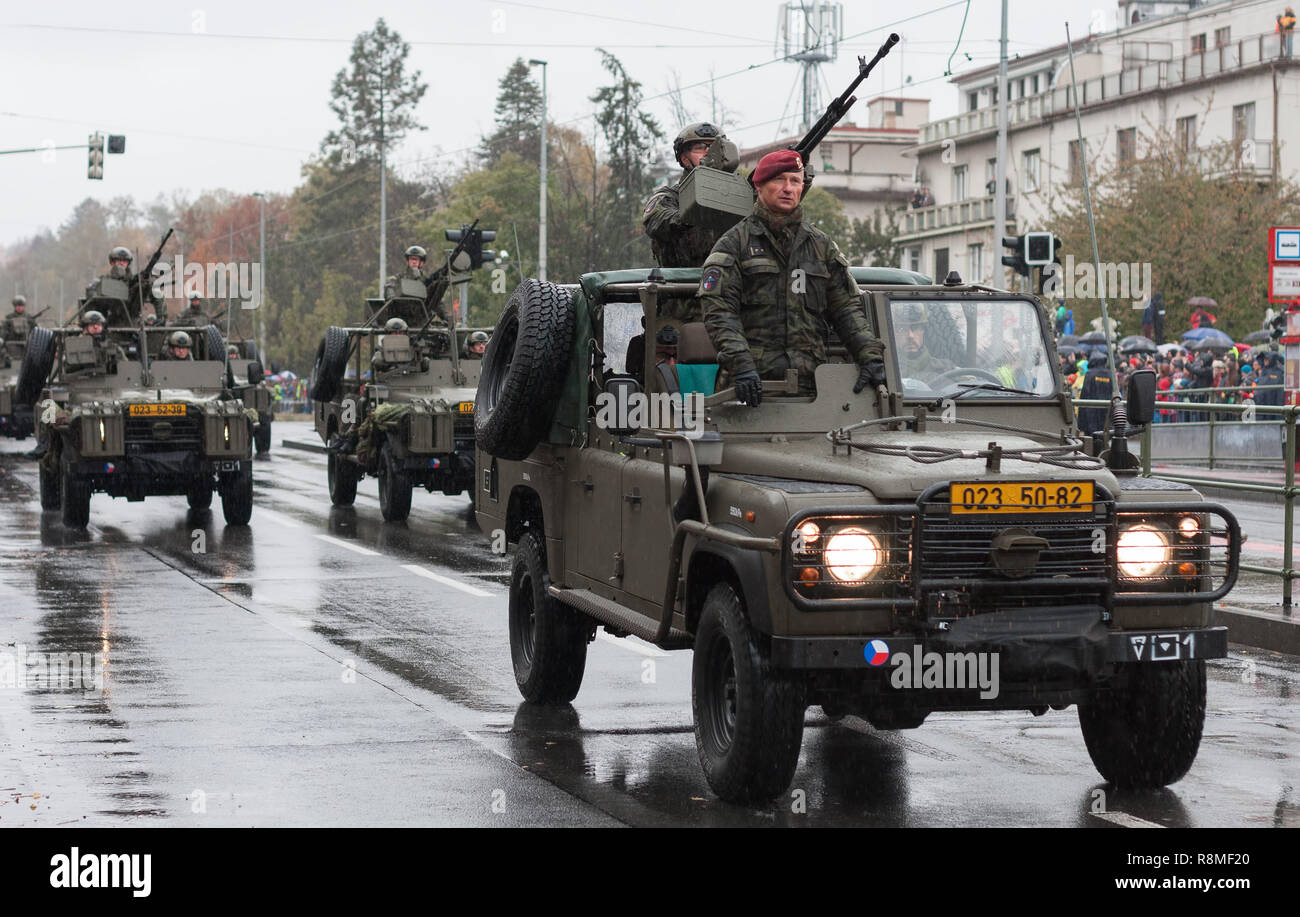 European street, Prague-October 28, 2018: Soldiers of Czech Army are riding Land Rover Defender cars  on military parade on October 28, 2018 in Prague Stock Photo