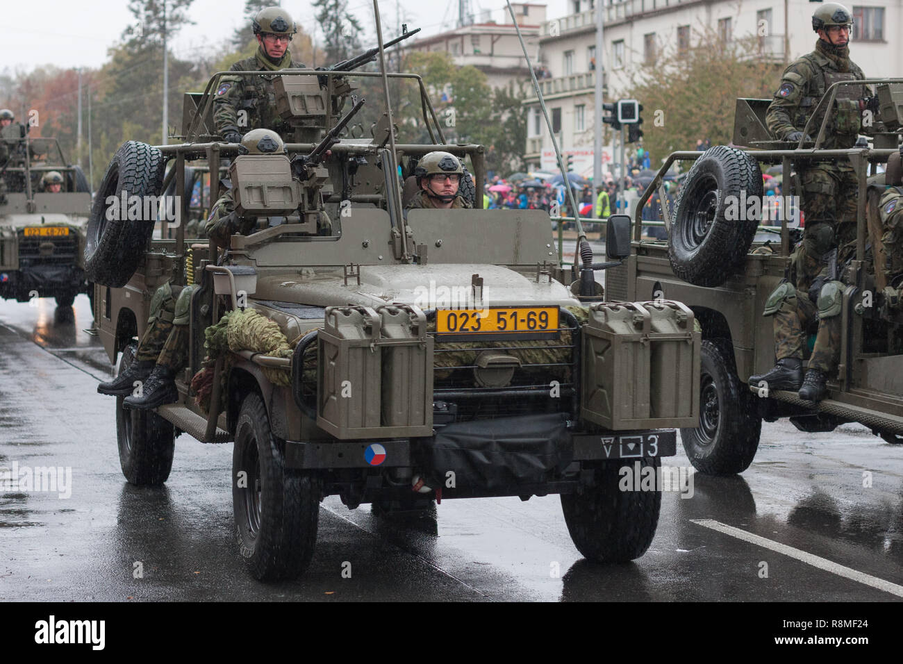 European street, Prague-October 28, 2018: Soldiers of Czech Army are riding Land Rover Defender cars  on military parade on October 28, 2018 in Prague Stock Photo