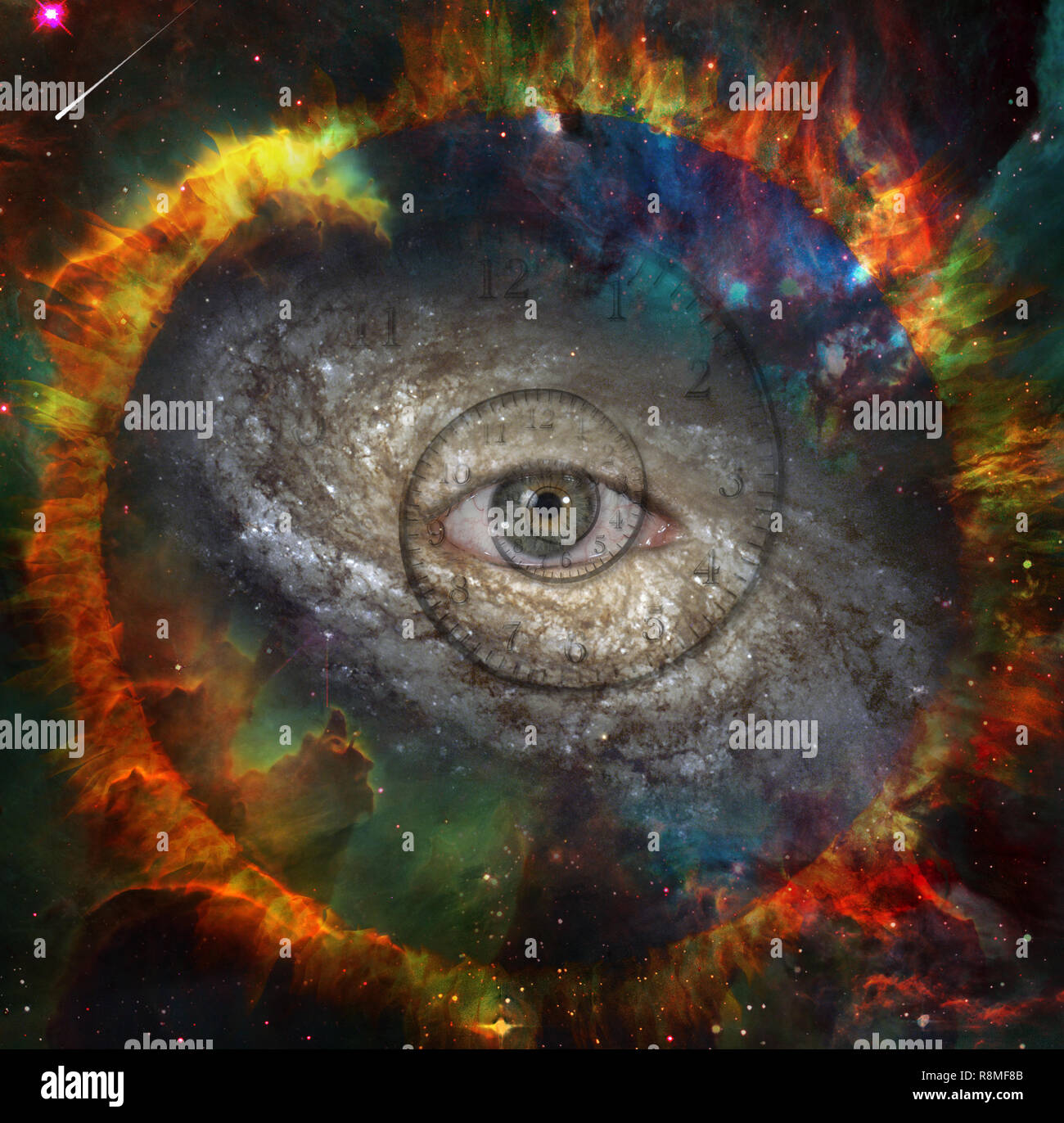Eye of God in the center of galaxy. Time spirals and burning ring Stock Photo