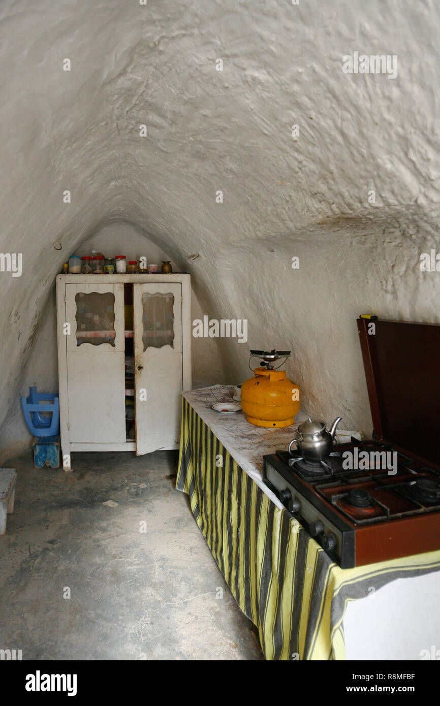 The kitchen of a troglodyte house in Matmata, Tunisia, Africa. Stock Photo