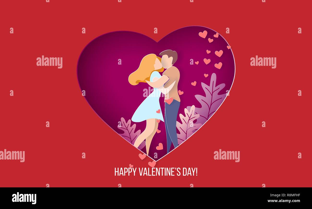 Valentines day card with couple hugging in love heart on red background ...