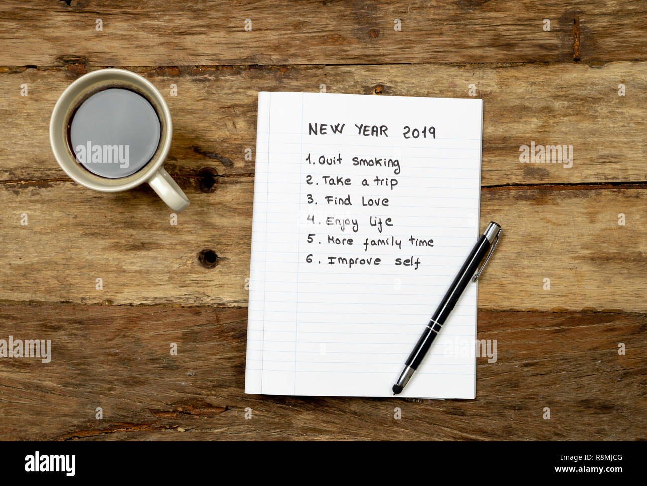 top view 2019 new year list with resolutions and wishes for list of job goals