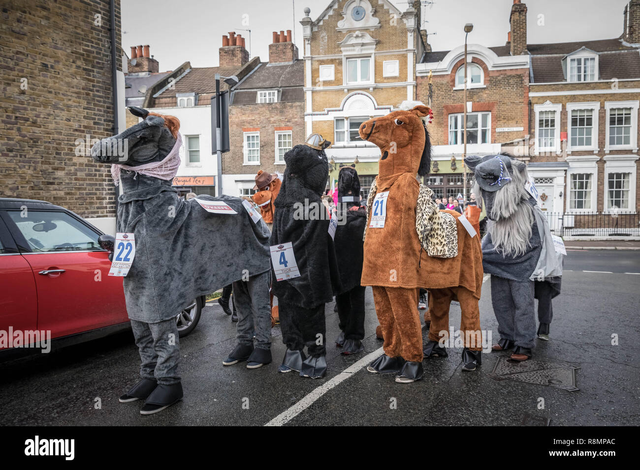 London, UK. 16th Dec 2018. Annual Christmas London Pantomime Horse Race in Greenwich. Credit: Guy Corbishley/Alamy Live News Stock Photo