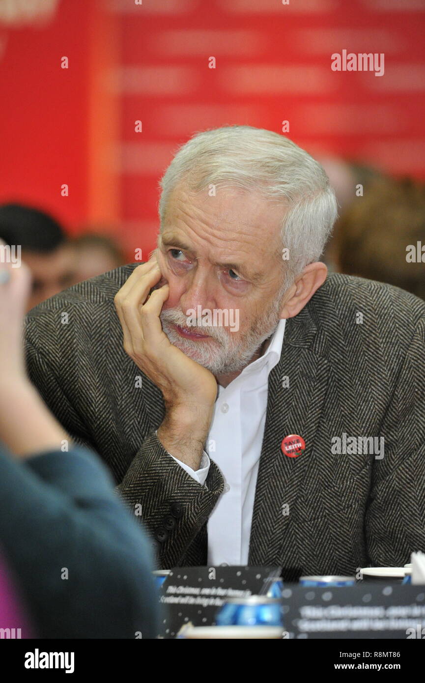 Edinburgh, UK. 16th Dec 2018. UK Labour Leader Jeremy Corbyn (pictured) joins Richard Leonard (Scottish Labour Leader) and Lesley Laird (Scottish Labour Deputy Leader) to serve a Christmas Lunch for those who are homeless in Edinburgh, UK. 16th December 2018 Credit: Colin Fisher/Alamy Live News Stock Photo