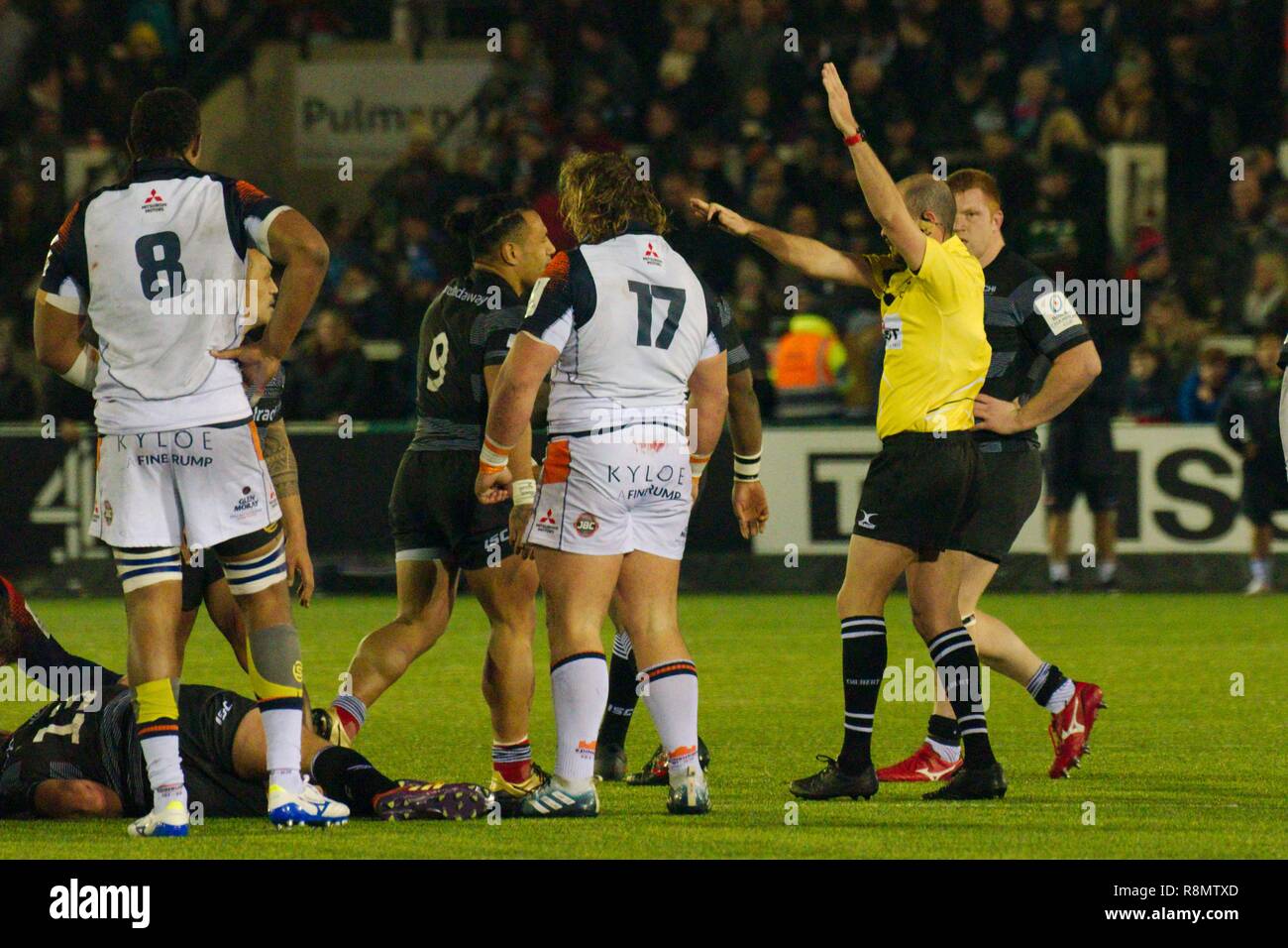 Newcastle upon Tyne, England, 16 December 2018. Referee Alexandre Ruiz signalling a penalty during the Newcastle Falcons v Edinburgh Rugby Heineken Champions Cup match at Kingston Park. Credit: Colin Edwards/Alamy Live News Stock Photo