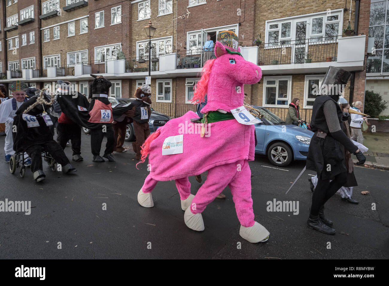 London, UK. 16th Dec 2018. Annual Christmas London Pantomime Horse Race in Greenwich. Credit: Guy Corbishley/Alamy Live News Stock Photo