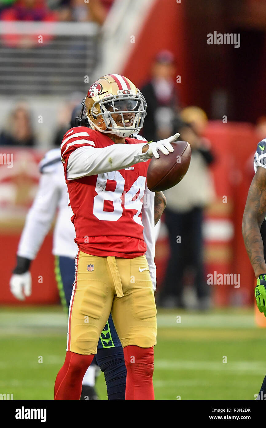 Santa Clara, CA. 16th Dec, 2018. San Francisco 49ers tight end Garrett  Celek (88) makes a catch during the NFL football game between the Seattle  Seahawks and the San Francisco 49ers at