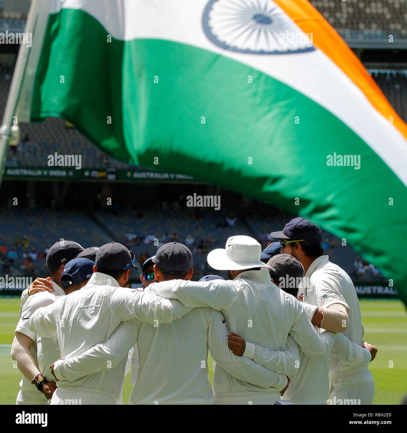 Optus Stadium, Perth, Australia. 17th Dec, 2018. International Test Series Cricket, Australia versus India, second test, day 4; Indian players huddle together before the start of the 4th days play Credit: Action Plus Sports/Alamy Live News Stock Photo