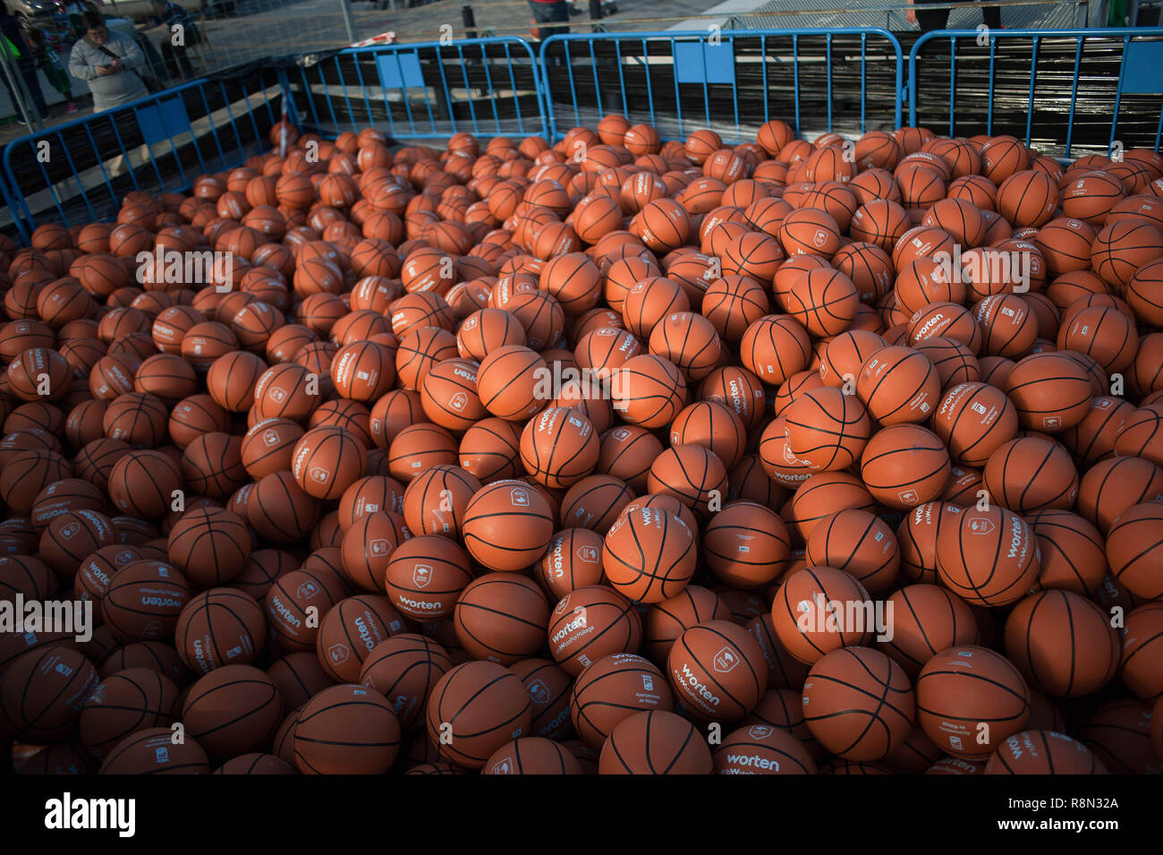 Malaga, Spain. 16th Dec, 2018. Basketballs are seen before the first attempt to beat the Guinness World Record of people bouncing basketballs at the same time during five minutes, outside the Sport Palace Jose Maria Martin Carpena in Malaga. The previous record was got in Palestine in 2010 with 7.756 people. Credit: SOPA Images Limited/Alamy Live News Stock Photo