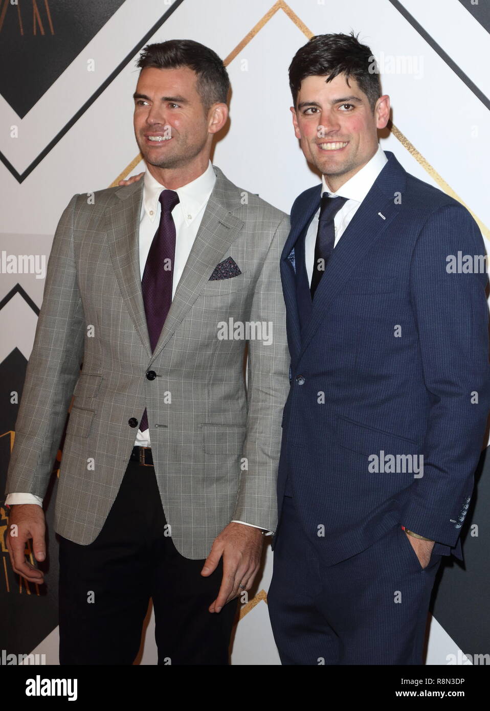 Jimmy Anderson and Alistair Cook on the red carpet at the BBC Sports Personality Of The Year 2018 at the Resorts World Arena. Stock Photo