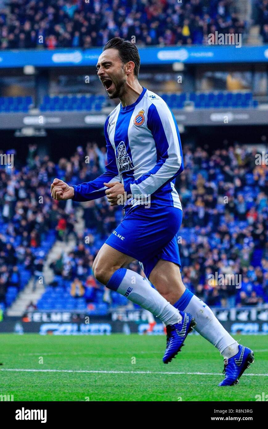 Barcelona, Spain. 16th Dec, 2018. RCD Espanyol's Sergio Garcia celebrates his score during a Spanish league match between RCD Espanyol and Real Betis in Barcelona, Spain, on Dec. 16, 2018. Real Betis won 3-1. Credit: Joan Gosa/Xinhua/Alamy Live News Stock Photo