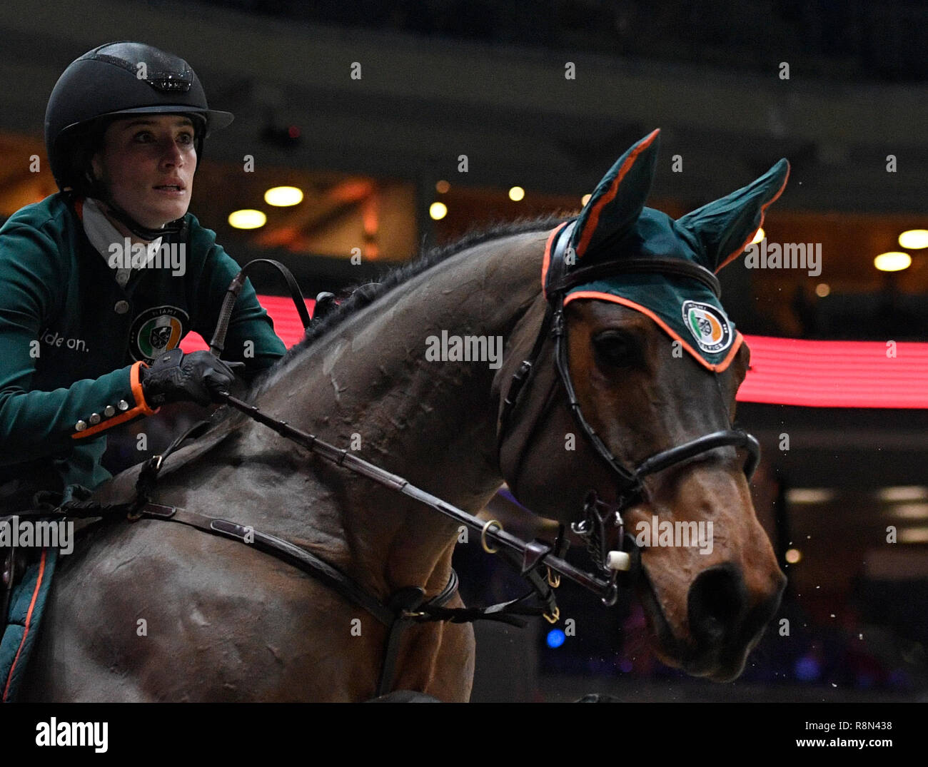 Prague, Czech Republic. 14th Dec, 2018. Jessica Springsteen, show jumper from Miami Celtics team, competes with horse called RMF Zecilie during Super Cup Teams race, semifinals, within the Global Champions League show jumping, in Prague, Czech Republic, on December 14, 2018. Credit: Michal Krumphanzl/CTK Photo/Alamy Live News Stock Photo
