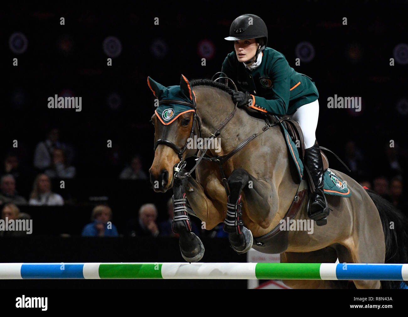 Prague, Czech Republic. 14th Dec, 2018. Jessica Springsteen, show jumper from Miami Celtics team, competes with horse called RMF Zecilie during Super Cup Teams race, semifinals, within the Global Champions League show jumping, in Prague, Czech Republic, on December 14, 2018. Credit: Michal Krumphanzl/CTK Photo/Alamy Live News Stock Photo