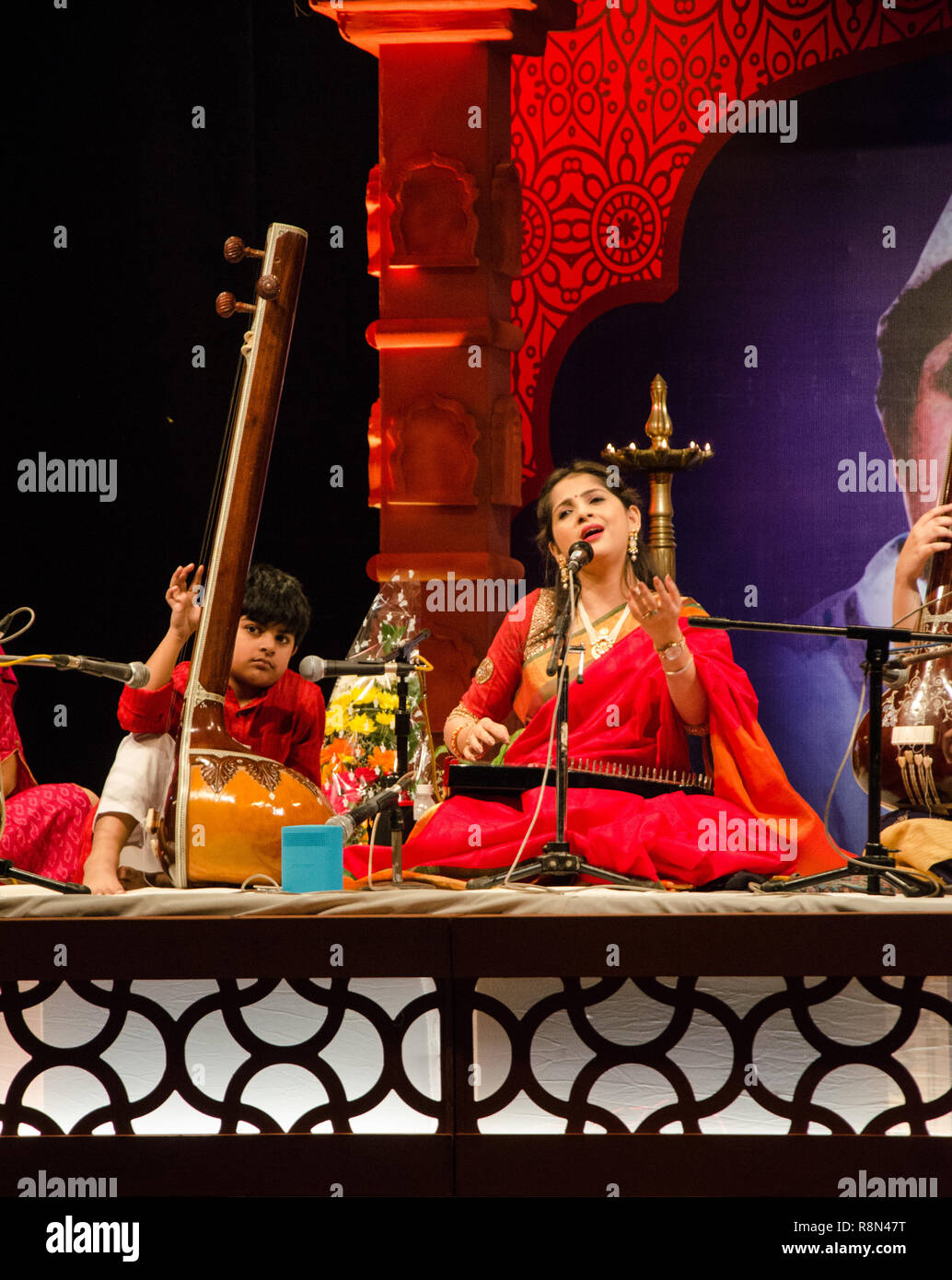 Panaji, India. 16th December, 2018. Classical vocalist Kaushiki Chakraborty  performs at Swaramangesh 2018, the Master Dinanath Mangeshkar memorial  classical music & dance festival. Kaushiki's son Rishith Desikan can be  seen accompanying her
