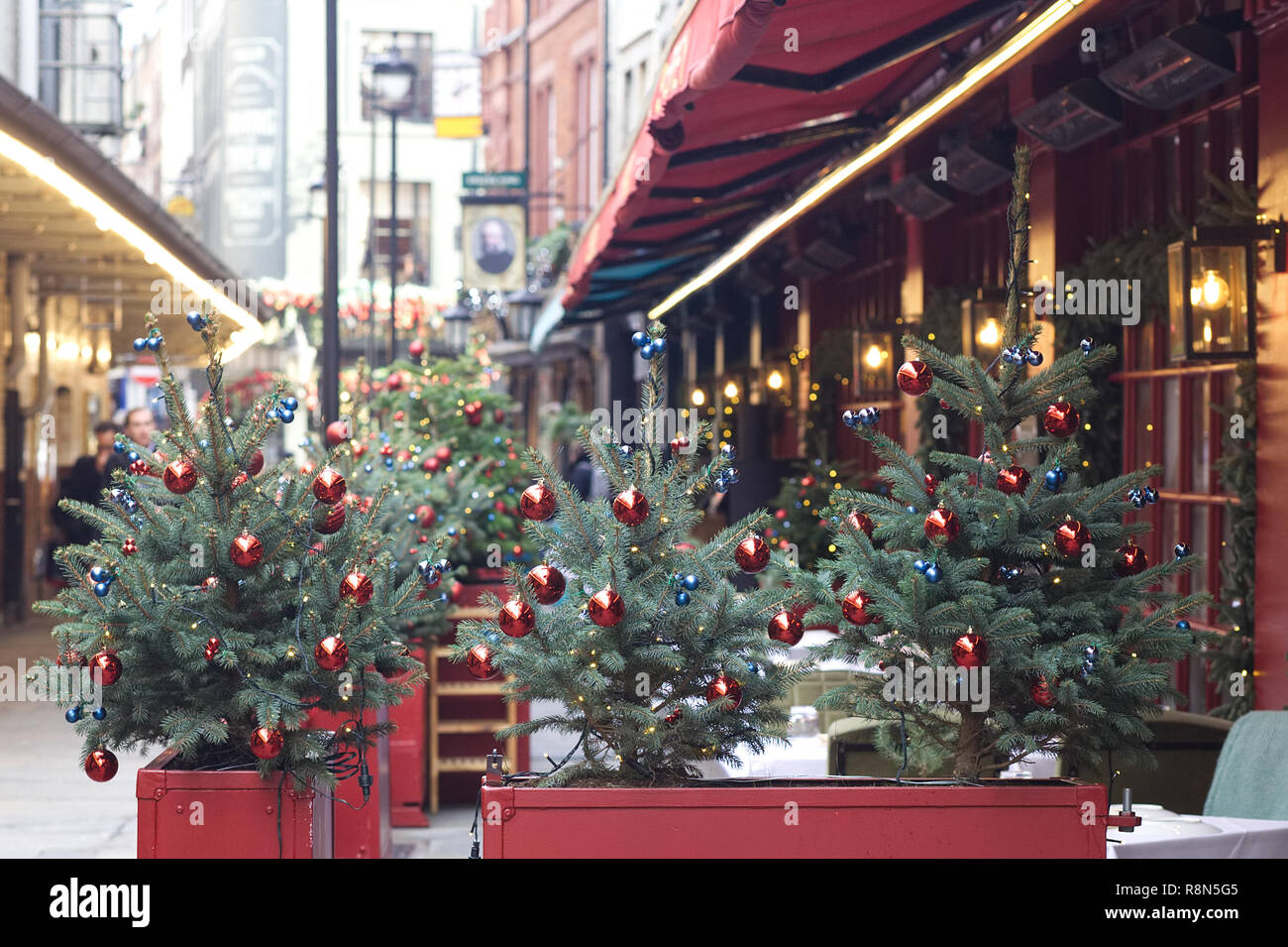 Christmas trees with brightly coloured baubles Stock Photo Alamy