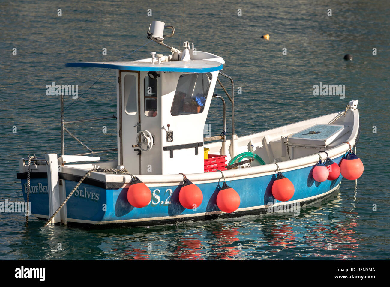 St.ives fishing boat on mooring high tide Stock Photo