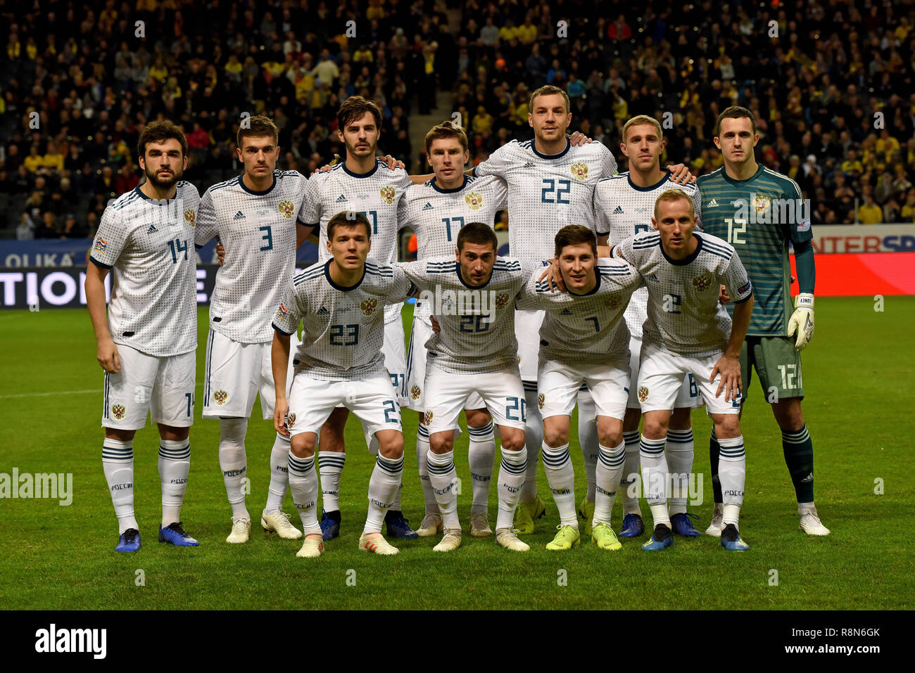 Stockholm, Sweden - November 20, 2018. Russia national football team before UEFA Nations League match Sweden vs Russia in Stockholm. Stock Photo