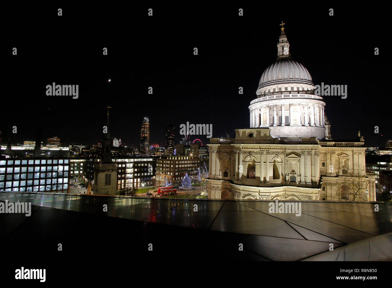 Saint Pauls Cathedral from the roof of number one New Change at night, London. Stock Photo