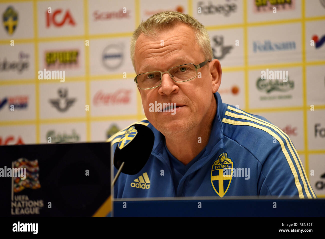 Solna, Sweden - November 20, 2018. Sweden national team coach Jan Andersson after UEFA Nations League match Sweden vs Russia in Solna. Stock Photo