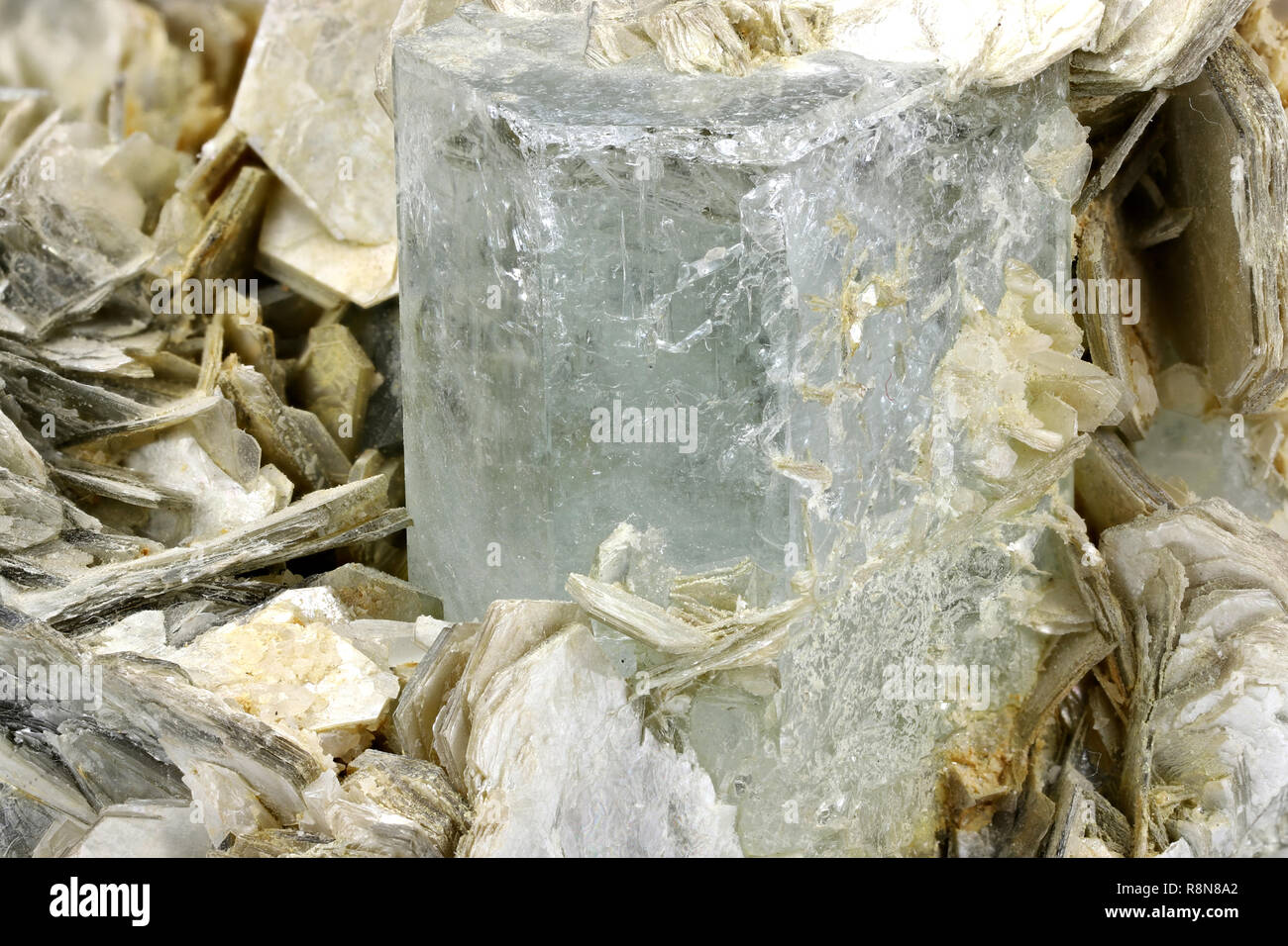 aquamarine crystal on muscovite from Nagar, Pakistan Stock Photo