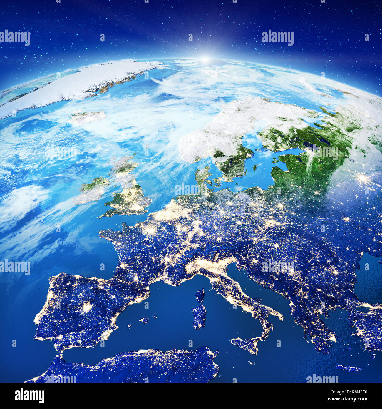 Europe city lights countries from space. Elements of this image furnished by NASA. 3d rendering Stock Photo