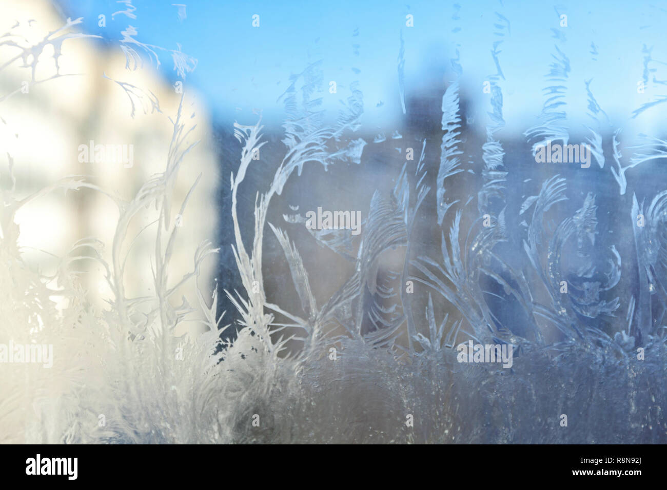 Frozen winter window with shiny ice frost pattern texture. Christmas ...