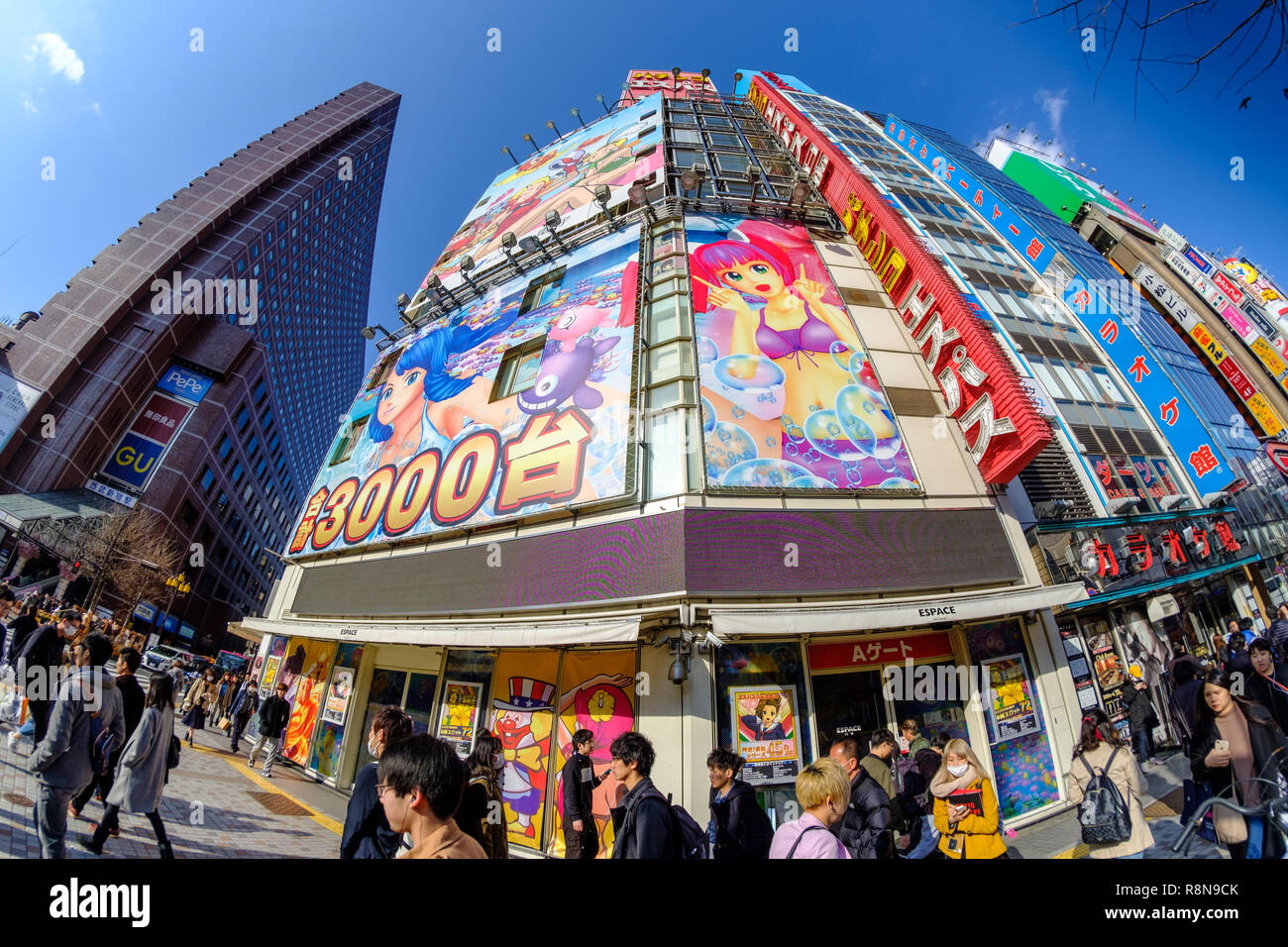 Shopping area of Shinjuku, Tokyo, Japan (fisheye lens Stock Photo Alamy