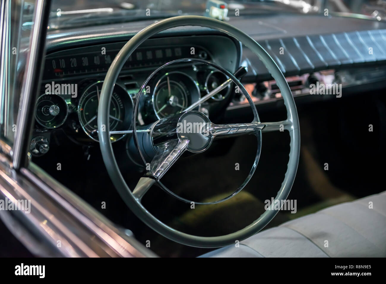 Dashboard With Steering Wheel Of A Classic Car From The