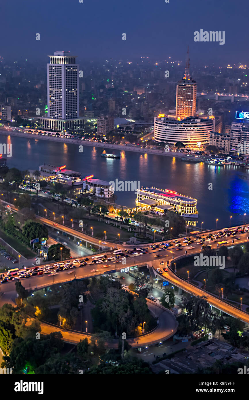 evening scene from the top of cairo tower in Egypt shows Egyptian TV