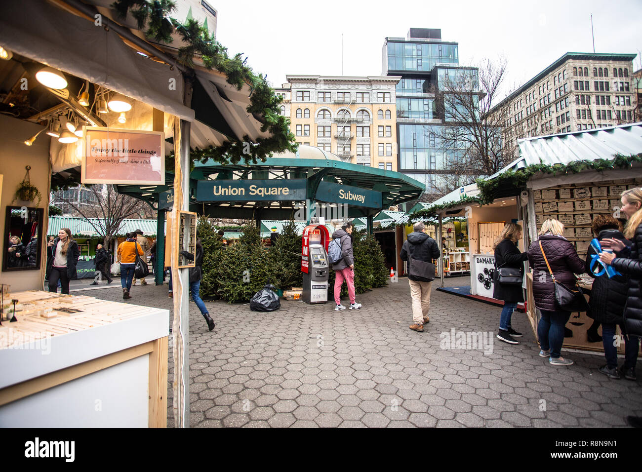 NEW YORK CITY - DECEMBER 14, 2018: View of people Christmas shopping at the Union Square Greenmarket and Holiday Market boutiques in Manhattan Stock Photo