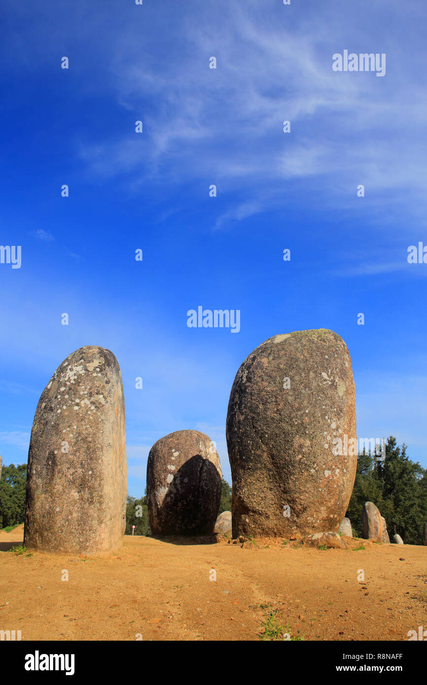 Portugal Alentejo Region Evora Chromlech of Almendres standing granite stones from the megalithic period of archaeoastronomical interest UNESCO site. Stock Photo
