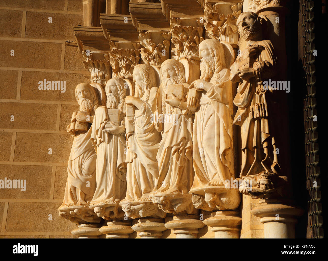 Portugal, Alentejo Region, Evora historic center. Sculpted marble figures at the Evora Cathedral entrance. UNESCO World Heritage site. Stock Photo